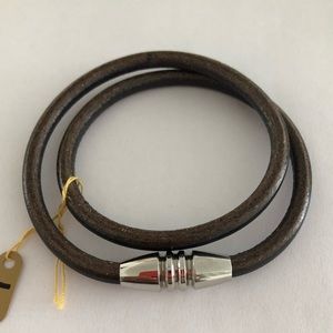 Men grey leather cord double bracelet with stainless steel magnetic closure, L